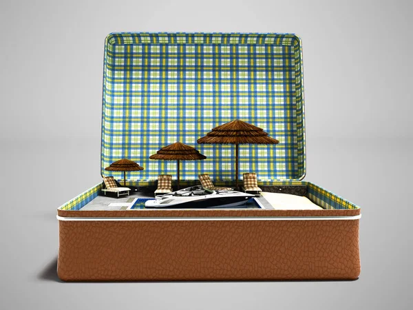 Gölgeli gri arka plan üzerinde bavul 3d render sahilde rahatlatıcı Modern kavramı