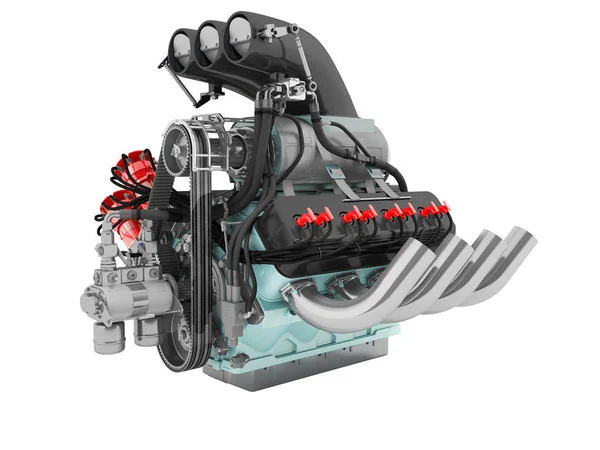 Modern gri Otomotiv V motor türbin mavi ile beyaz arka plan üzerinde 3d render yok gölge ekler.