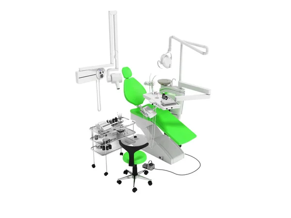 现代绿色牙科椅和床头桌用工具和用具为牙科治疗3D 渲染白色背景无阴影 — 图库照片