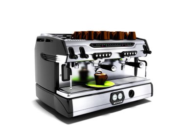 Kupa kupalar 3d render gölge beyaz zemin üzerine ile profesyonel çalışma için iki kupalar için modern gri kahve makinesi