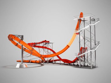 Gölgeli gri arka plan üzerinde su parkı arka 3d render için modern turuncu kırmızı su roller coaster rides
