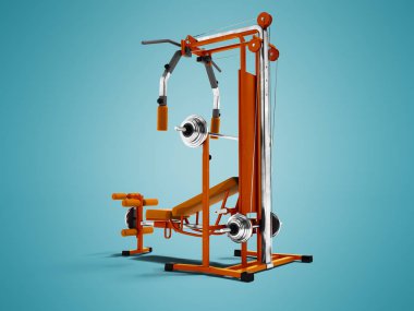 Modern portakal spor eğitim aparatı ile siyah bacaklar güç yükleme için ekler ve 3d render gölge ile mavi arka plan üzerinde eller