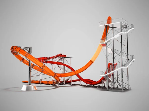 Gölgeli gri arka plan üzerinde su parkı arka 3d render için modern turuncu kırmızı su roller coaster rides