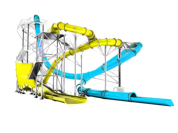 Modern sarı ve mavi su sürmek için su parkı 3d render gölge yok beyaz arka plan üzerinde slaytlar