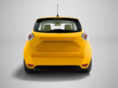 3d render gölge ile gri arka plan üzerinde arkada yolcu taşıyan için Modern sarı elektrikli otomobil hatchback
