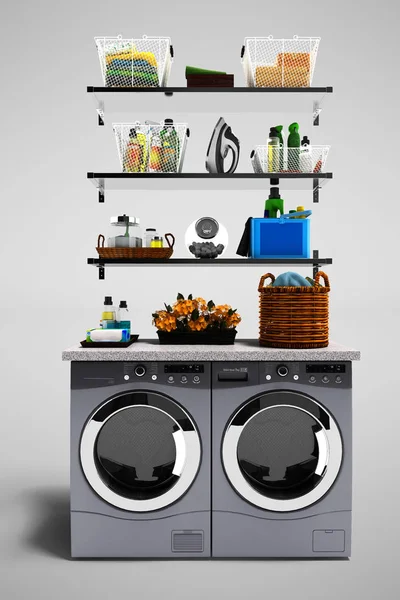 Modernes Konzeptset Mit Wäschetrockner Und Waschmaschine Zum Waschen Von Kleidung — Stockfoto
