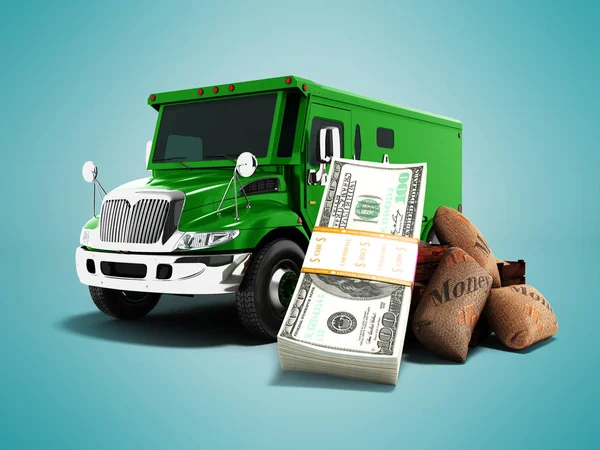 Moderna Begreppet Transporterar Pengar Och Stack Dollar Banken Grön Lastbil — Stockfoto