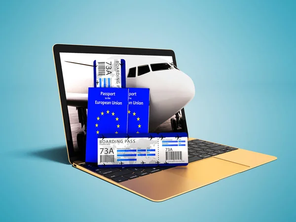 Modern concept ticket for plane ticket through laptop with two passports 3d render on blue background with shadow