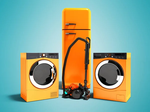 Modern orange home appliances refrigerator dryer for clothes washing machine and vacuum cleaner 3d rendering on blue background with shadow