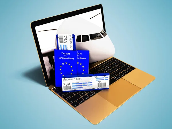 Modern concept air ticket booking through laptop for summer vacation with two passports 3d render on blue background with shadow