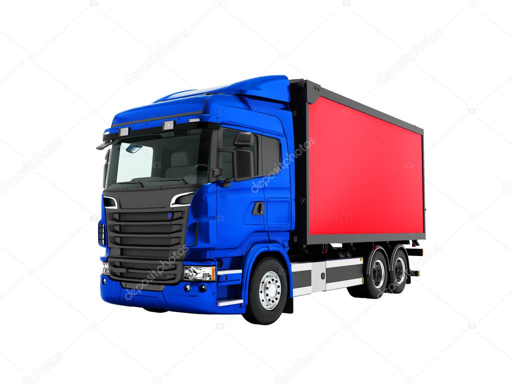 Modern dark blue truck with red trailer for transportation of goods around the city 3d render on white background no shadow