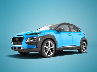 Modern mavi araba crossover önünde 3d render gölge ile mavi arka plan üzerinde