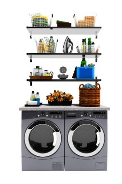 Gölge yok kurutma giysi ve beyaz arka plan üzerinde çamaşır deterjan 3d render bir dizi için çamaşır makinesi ile modern kavram ayarla