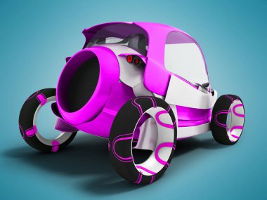 Modern mor elektrikli araba arkada yolcu taşıyan için havaalanında geziler için 3d render gölge ile mavi arka plan üzerinde