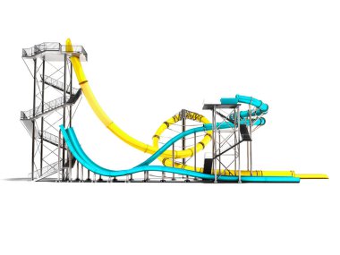 Gölge beyaz zemin üzerine modern iki sarı ve mavi su kaydırağı 3d yan tarafında bir aquapark için render