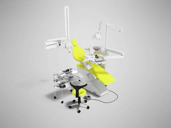 モダンな黄色歯科用椅子 ツール シャドウと灰色の背景に歯科の視点 レンダリングの家電付きベッドサイド テーブル — ストック写真