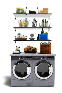 Modern kavram giysi kurutma ve çamaşır makinesi çamaşır deterjan 3d render bir dizi gölge beyaz zemin üzerine için ayarla
