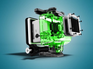 Modern yeşil kamera için aşırı gevşeme gölge ile mavi arka plan üzerinde 3d render sökülmüş