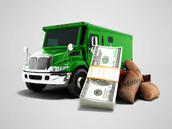 Moderna Begreppet Transporterar Pengar Och Stack Dollar Banken Grön Lastbil — Stockfoto