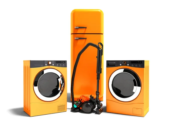 现代橙色家电冰箱烘干机 用于洗衣服和吸尘器3D 渲染白色背景与阴影 — 图库照片