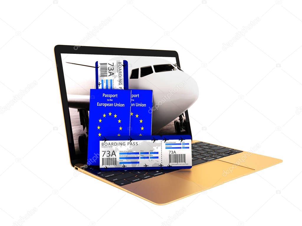 Modern concept ticket for plane ticket through laptop with two passports 3d render on white background no shadow