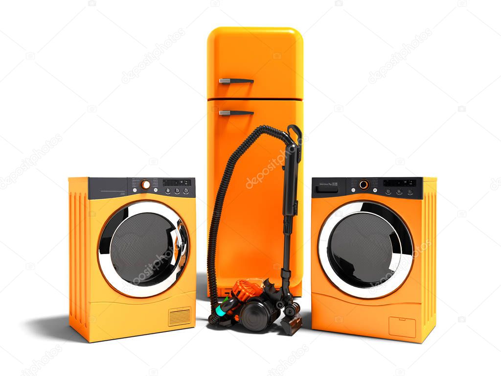 Modern orange home appliances refrigerator dryer for clothes washing machine and vacuum cleaner 3d rendering on white background with shadow