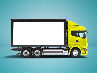 Yan 3d render gölge ile mavi arka plan üzerinde gelen malların taşınması için beyaz römork ile modern sarı kamyon