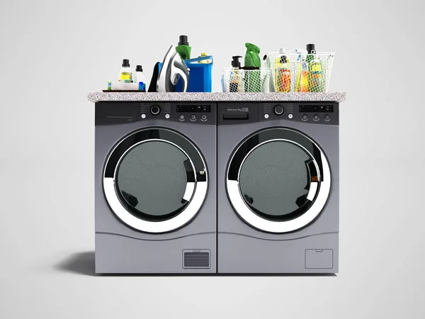 Washing and drying machine with detergents on the top stone shelf in front 3d render on gray background with shadow