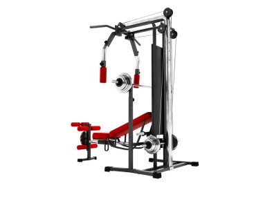 Modern kırmızı spor simülatörü siyah bacaklar güç yükleme için ekler ve beyaz arka plan üzerinde 3d render gölge yok eller