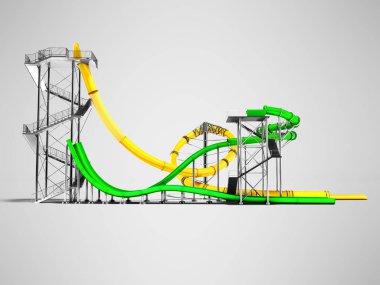 Modern iki sarı ve yeşil su slaytlarda su parkı için yan 3d render gölge ile gri arka plan üzerinde