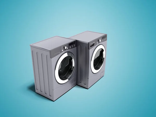 Gray washing and drying machine perspective 3d render on blue background with shadow