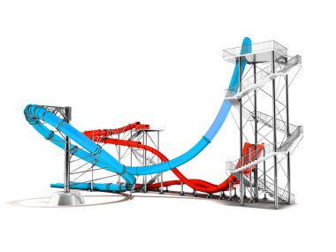Gölge beyaz zemin üzerine su park arkasında 3d render için modern mavi kırmızı su roller coaster rides