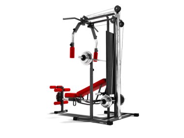 Modern kırmızı spor eğitmeni siyah bacaklar güç yükleme için ekler ve 3d render gölge beyaz zemin üzerine eller