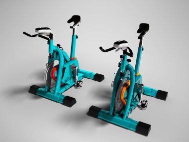 Modern turkuaz iki egzersiz bisikleti perspektif 3d render gölge ile gri arka plan üzerinde