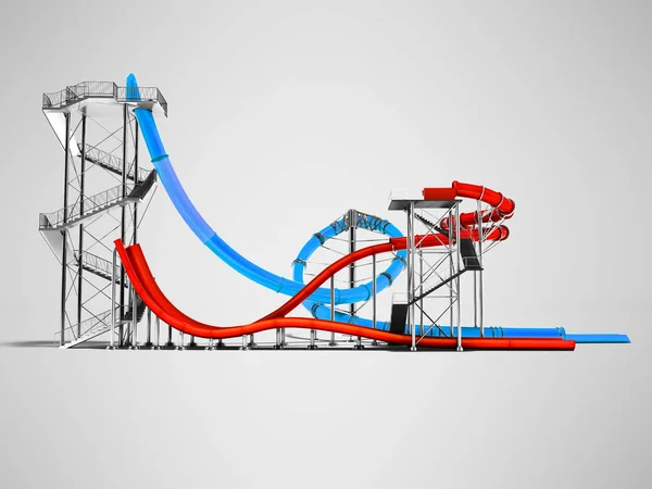 Modern Two Blue Red Water Slides Aquapark Side Render Gray — Stock Photo, Image