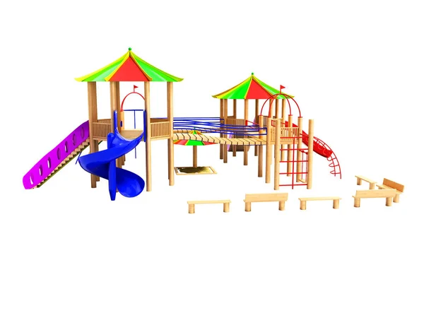 Moderner Holzspielplatz Für Kinder Mit Hängeleitern Und Rutschen Rendering Auf — Stockfoto