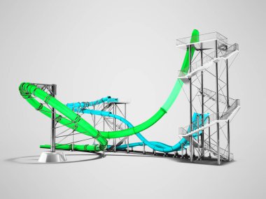 Gölgeli gri arka plan üzerinde bir su parkı için 3d render için modern yeşil mavi su roller coaster rides