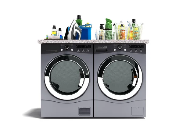 Wasch Und Trocknungsmaschine Mit Reinigungsmitteln Auf Dem Obersten Steinregal Vor — Stockfoto