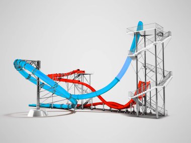 Gölgeli gri arka plan üzerinde 3d render arkasında su parkı için modern mavi kırmızı su roller coaster rides