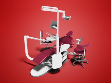 Modern kiraz diş sandalye ile beyaz ekler fotoğraf makinesi tripod üzerinde monitör ile iki sandalye gölge kırmızı zemin üzerine 3d render ile