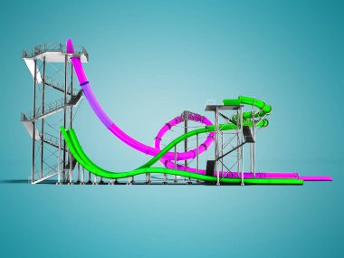 Modern iki mor ve yeşil su kaydırağı 3d yan tarafında bir aquapark için gölge ile mavi arka plan render