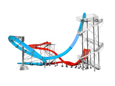 Modern mavi kırmızı su lunapark treni 3d render arkasında su parkı için beyaz arka plan üzerinde hiçbir gölge rides