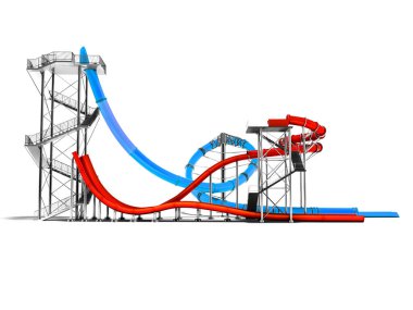 Gölge beyaz zemin üzerine modern iki mavi ve kırmızı su kaydırağı 3d yan tarafında bir aquapark için render