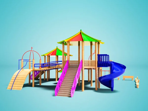 Complesso Moderno Parco Giochi Legno Bambini Con Scivoli Funivie Rendering — Foto Stock