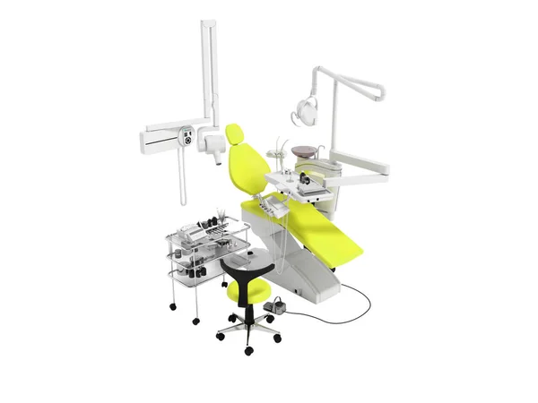 Modern Yellow Dental Chair Bedside Table Tools Appliances Dentistry Perspective — Stock Photo, Image