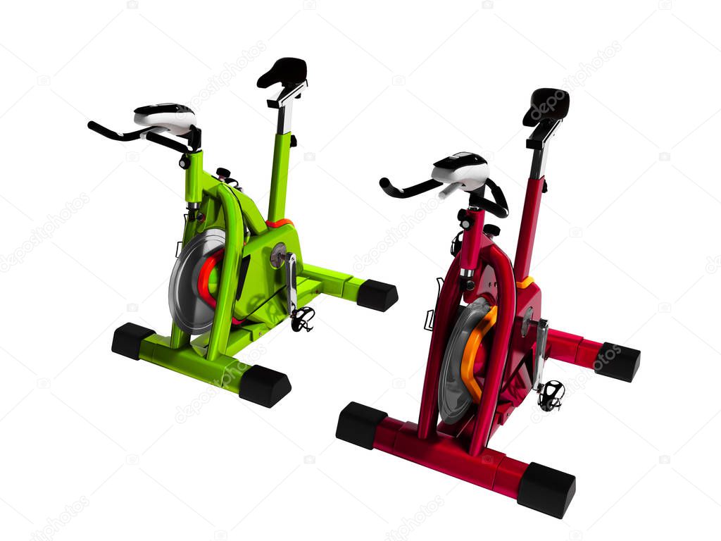 Modern green and red exercise bikes perspective 3d render on white background no shadow
