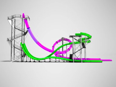 Gölgeli gri arka plan üzerinde modern iki mor ve yeşil su kaydırağı 3d yan tarafında bir aquapark için render