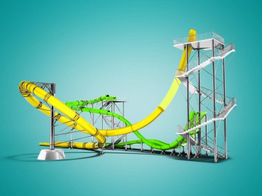 Modern sarı yeşil su slaytlar eğlence gölge ile mavi arka plan üzerinde 3d rendering için su parkı için