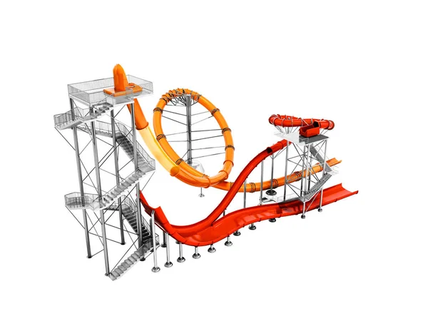 Moderne Attraktion Rote Und Orangefarbene Wasserrutschen Für Den Wasserpark Perspektive — Stockfoto