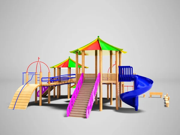 Moderner Komplexer Holzspielplatz Für Kinder Mit Rutschen Und Seilbahnen Rendering — Stockfoto